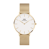 Elegant ladies' watch with gold-coloured mesh strap, round case and minimalist eggshell-white dial by Daniel Wellington.