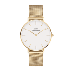 Elegant ladies' watch with gold-coloured mesh strap, round case and minimalist eggshell-white dial by Daniel Wellington.
