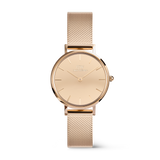 Elegant women's watch in rose gold with a round, reflective dial and a fine stainless steel mesh strap, designed in a minimalist and stylish manner.