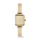 Delicate ladies' watch with a rectangular gold-coloured case, mirrored dial, and polished stainless steel mesh strap.