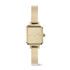Delicate ladies' watch with a rectangular gold-coloured case, mirrored dial, and polished stainless steel mesh strap.