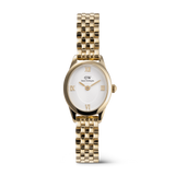 Elegant ladies' watch with an oval, gold-coloured stainless steel case, white dial with Roman numerals, and a delicate 5-link bracelet.