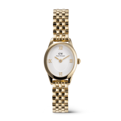 Elegant ladies' watch with an oval, gold-coloured stainless steel case, white dial with Roman numerals, and a delicate 5-link bracelet.