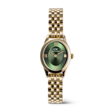Elegant ladies' watch with an oval, gold-coloured stainless steel case, green sunray dial with gold Roman numerals, and a finely crafted 5-link bracelet.
