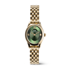 Elegant ladies' watch with an oval, gold-coloured stainless steel case, green sunray dial with gold Roman numerals, and a finely crafted 5-link bracelet.