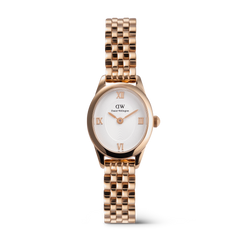 Elegant Ophelia Mini ladies' watch in rose gold with an oval case, white dial, Roman numerals, and a polished 5-link stainless steel bracelet.