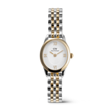 Elegant ladies' watch with an oval case in gold and silver, white dial with gold-coloured Roman numerals, and a two-tone 5-link bracelet.