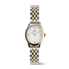 Elegant ladies' watch with an oval case in gold and silver, white dial with gold-coloured Roman numerals, and a two-tone 5-link bracelet.