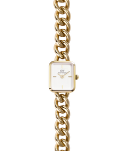 Jolie Chain Gold women's watch with a rectangular white dial and striking gold-coloured stainless steel chain bracelet in a front view.
