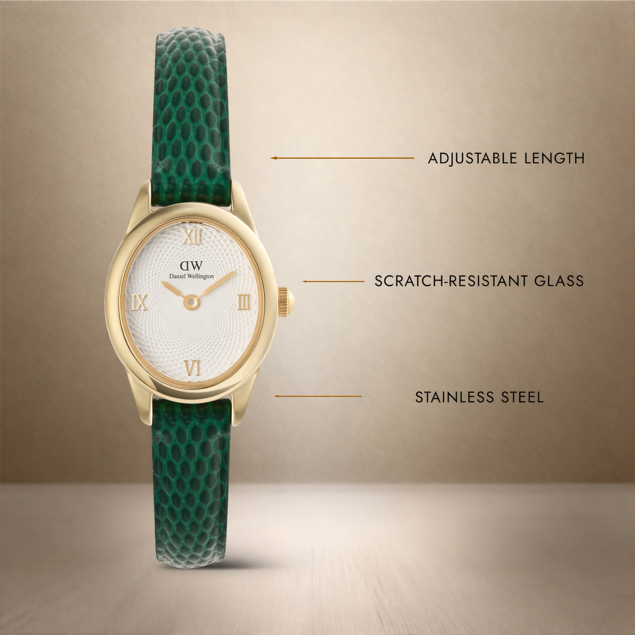 Ophelia Mini Green Lizard White Guilloché Gold