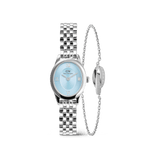 Elegant set featuring a silver ladies' wristwatch with an ice-blue dial and Roman numerals, accompanied by a delicate silver bracelet, stylishly arranged against a white background.