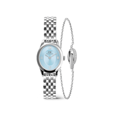 Elegant set featuring a silver ladies' wristwatch with an ice-blue dial and Roman numerals, accompanied by a delicate silver bracelet, stylishly arranged against a white background.