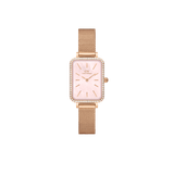 Elegant ladies' watch with a rectangular rose gold case, delicate pink mother-of-pearl dial, sparkling stone-set bezel, and fine mesh strap.