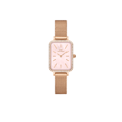 Elegant ladies' watch with a rectangular rose gold case, delicate pink mother-of-pearl dial, sparkling stone-set bezel, and fine mesh strap.