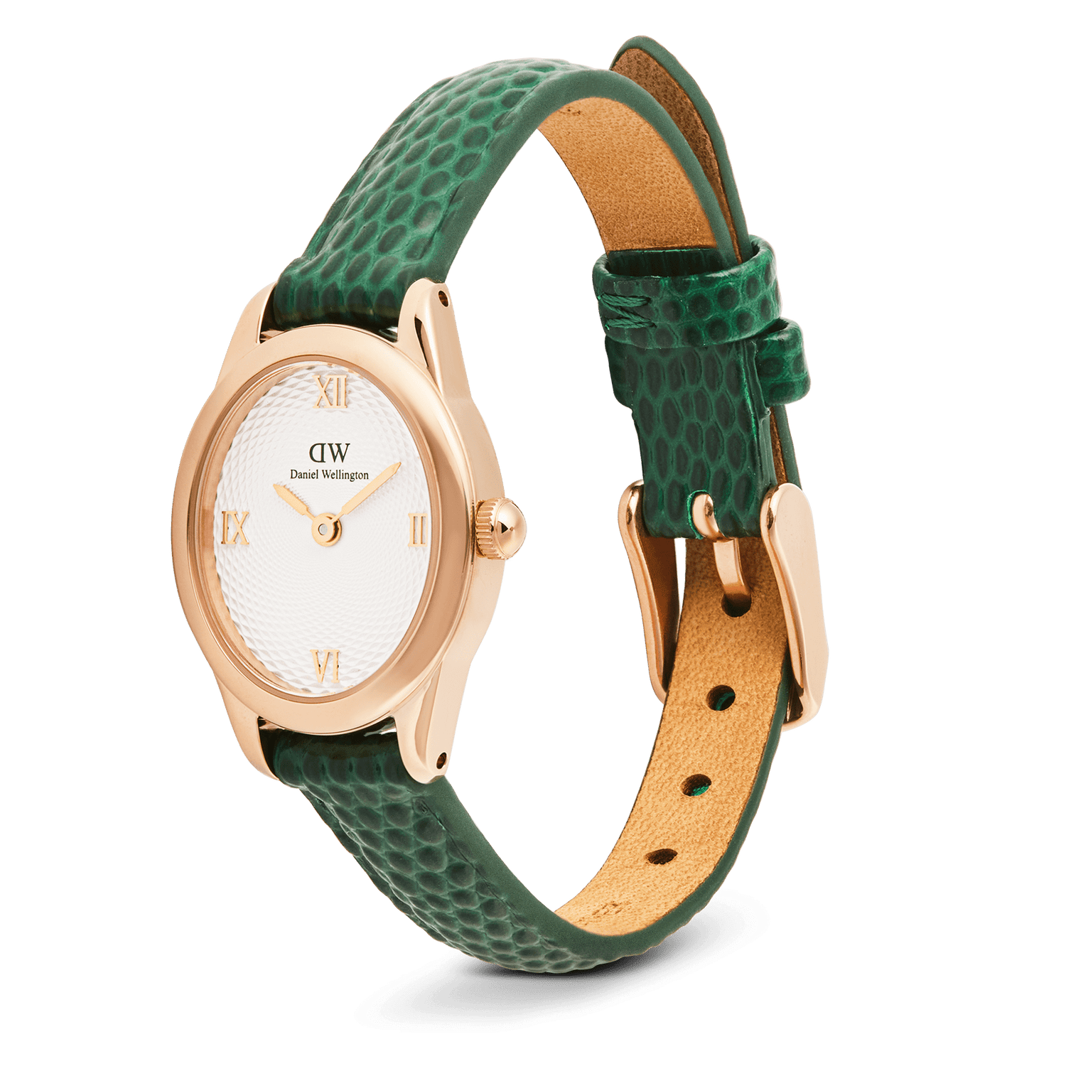 Vista laterale dell'orologio Ophelia Mini con fibbia ad ardiglione in oro rosa. Il cinturino in pelle verde, foderato in tonalità cammello, si abbina alla cassa ovale dal quadrante guilloché.
