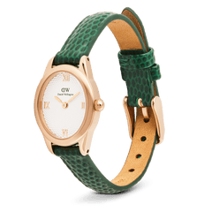 Vista laterale dell'orologio Ophelia Mini con fibbia ad ardiglione in oro rosa. Il cinturino in pelle verde, foderato in tonalità cammello, si abbina alla cassa ovale dal quadrante guilloché.