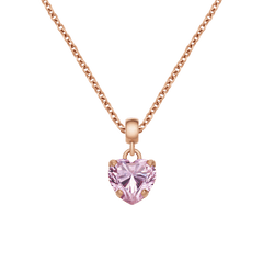 Colgante de corazón rosa en oro rosa con circonita engastada, suspendido de una cadena ajustable en oro rosa sobre fondo blanco