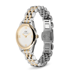 Ophelia Mini Two Tone Gold ladies' watch with an oval case, white dial, gold-coloured Roman numerals, and a two-tone 5-link bracelet with butterfly folding clasp.
