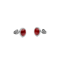 Audrey stud earrings made of stainless steel with round red agate and a silver border of white zirconia crystals, shown from a side view.