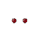 Round stainless steel stud earrings with red agate and a silver setting, surrounded by a delicate row of white zirconia crystals.