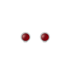 Round stainless steel stud earrings with red agate and a silver setting, surrounded by a delicate row of white zirconia crystals.