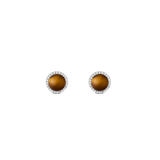 Two round silver stud earrings with a brown tiger's eye stone in the centre, surrounded by a delicate circle of white zirconia crystals.