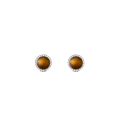 Two round silver stud earrings with a brown tiger's eye stone in the centre, surrounded by a delicate circle of white zirconia crystals.