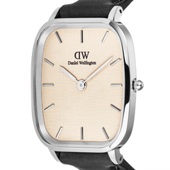 Close-up view of the Marlon Sheffield Linen Silver watch with a square silver case, beige linen dial, and minimalist design.