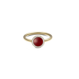 Elegant gold ring with a round red agate centre stone, surrounded by a delicate row of white zirconia crystals on a finely crafted band.