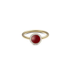 Elegant gold ring with a round red agate centre stone, surrounded by a delicate row of white zirconia crystals on a finely crafted band.