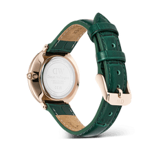 Rear view of the Crystalline Bezel Green Croc Rose Gold ladies' watch with green leather strap, rose gold clasp and engraved case back.