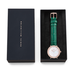 Crystalline Bezel Green Croc Rose Gold ladies' watch with green leather strap and sparkling bezel in an elegant Daniel Wellington gift box.