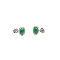 Audrey Jade earrings in silver with round green jade stones and a fine zirconia border, minimalist and elegant with butterfly fastening.