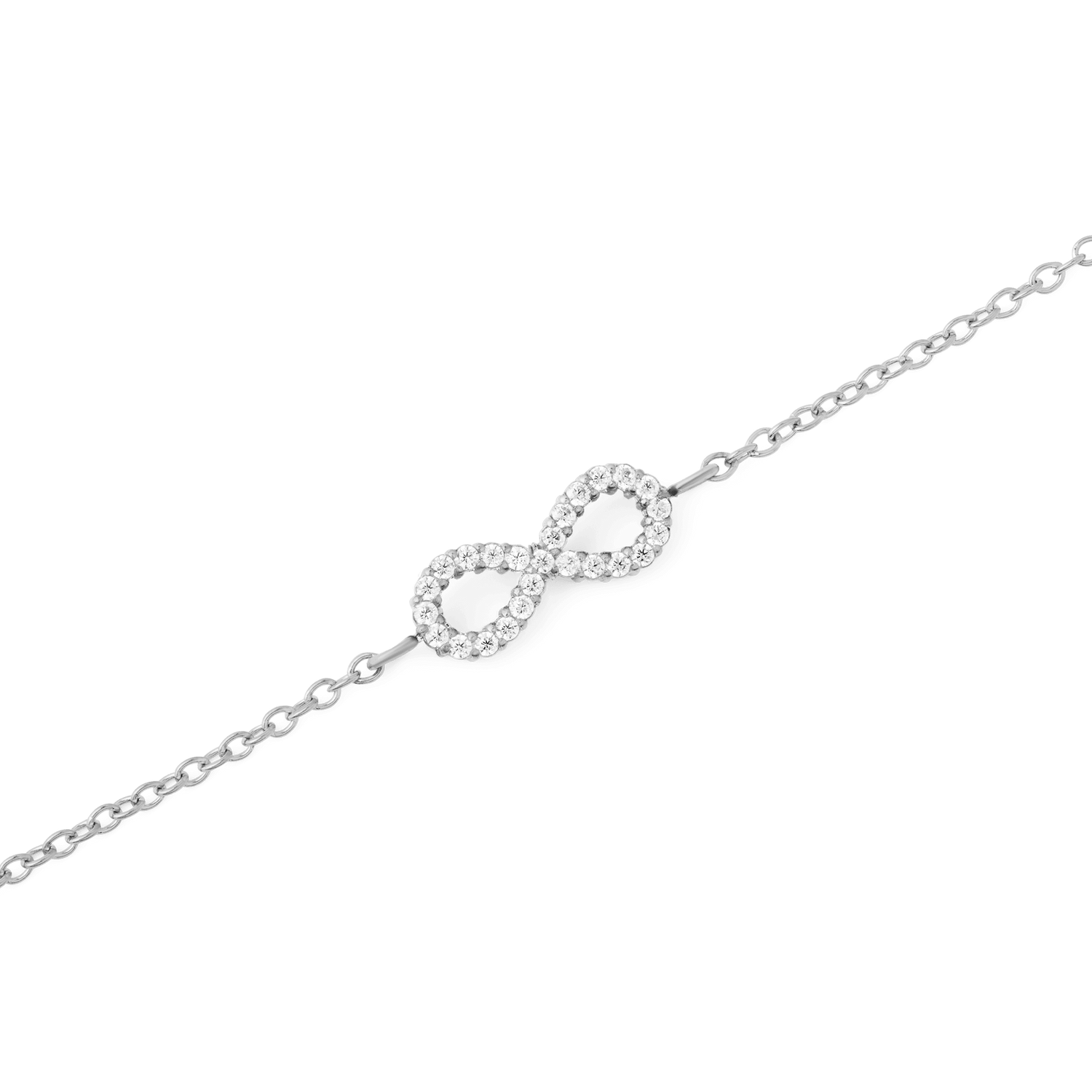 Dettaglio ravvicinato del simbolo dell'infinito del bracciale *Mirelle Infinity*, impreziosito da zirconi cubici bianchi incastonati lungo il profilo. La catena sottile in acciaio inossidabile argentato completa il design, mostrato su sfondo bianco.
