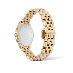 Rear view of the Daniel Wellington Ophelia Mini Emerald Gold with a polished, gold-coloured stainless steel case, engraved case back, and elegant 5-link bracelet.