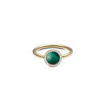 Golden ring with a round green malachite centre stone, surrounded by a delicate row of sparkling white zirconia crystals on a slender band.