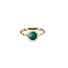 Golden ring with a round green malachite centre stone, surrounded by a delicate row of sparkling white zirconia crystals on a slender band.