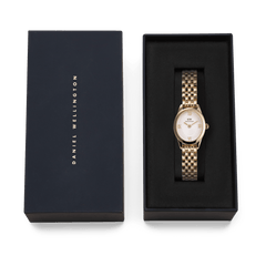 Ophelia Mini Gold ladies' watch by Daniel Wellington with a gold-coloured 5-link bracelet in an elegant gift box with a dark blue lid.