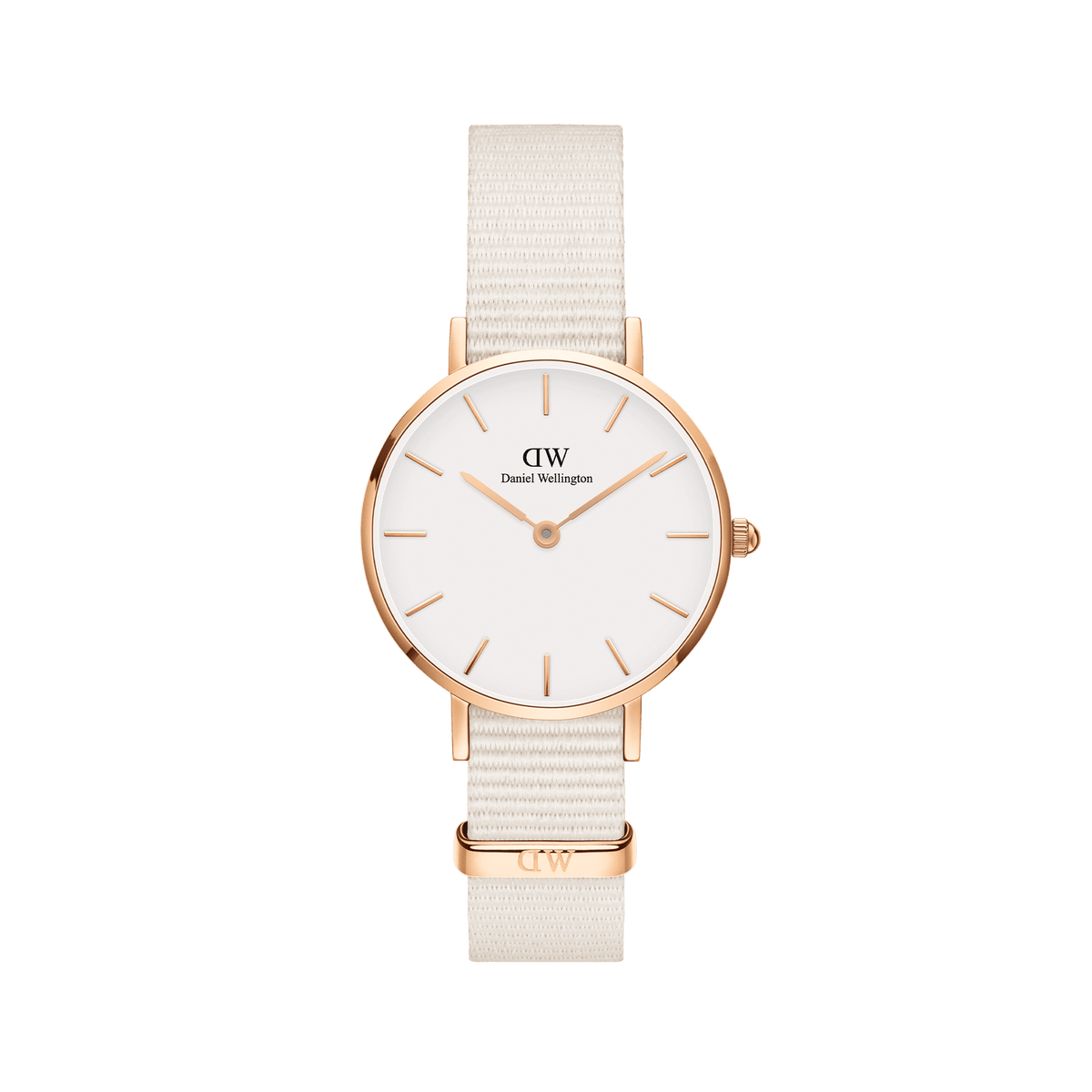 Petite rose gold white dial watch with NATO strap DW