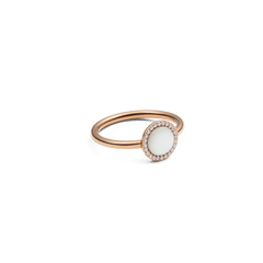 Delicate Audrey ring in rose gold with a round mother-of-pearl centre stone and encircling white zirconia crystals in a modern, elegant design.