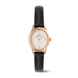 Orologio da donna Ophelia Mini con cassa ovale in oro rosa, quadrante bianco guilloché impreziosito da numeri romani e cinturino in pelle nera effetto lucertola.