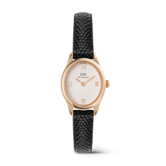 Orologio da donna Ophelia Mini con cassa ovale in oro rosa, quadrante bianco guilloché impreziosito da numeri romani e cinturino in pelle nera effetto lucertola.