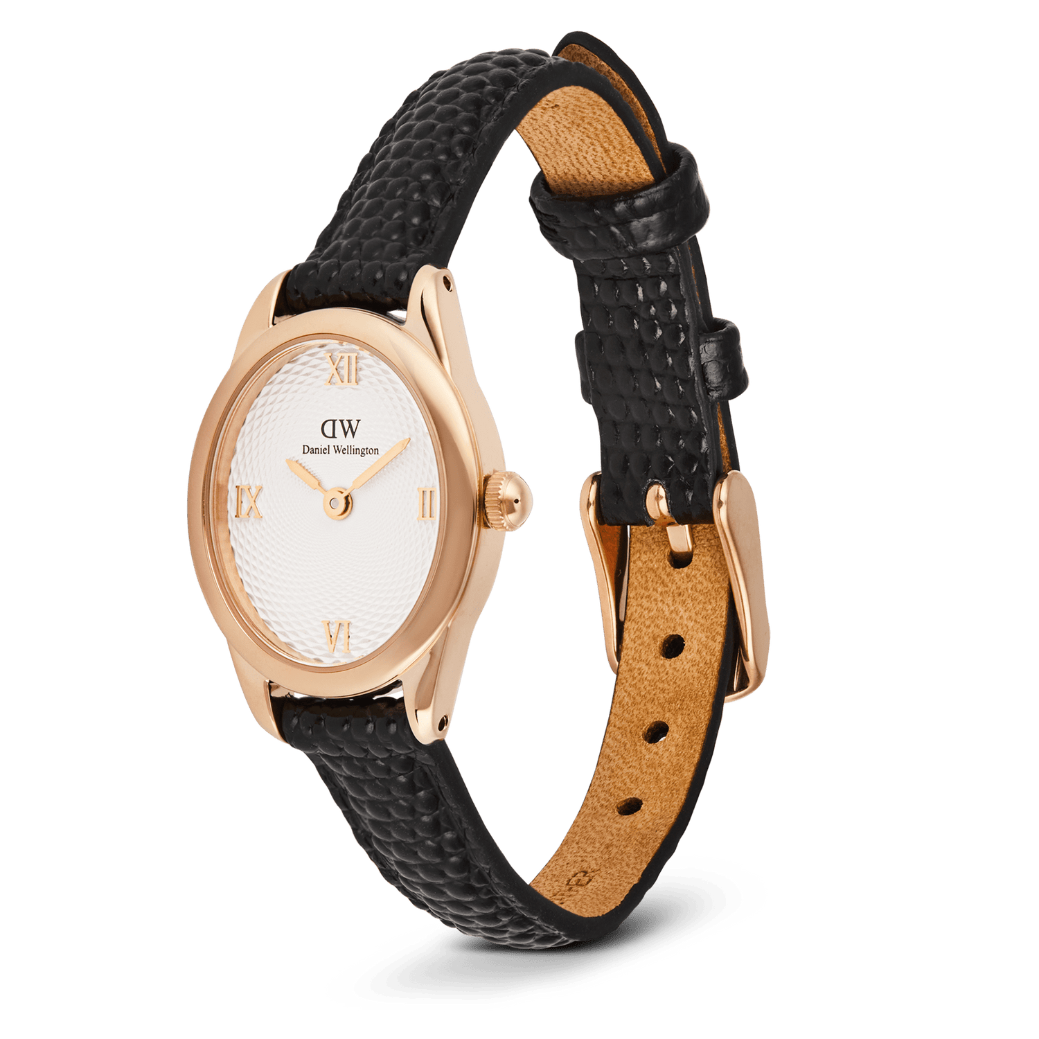Vista angolata dell'orologio Ophelia Mini con cinturino in pelle nera effetto coccodrillo, fibbia ad ardiglione in oro rosa e fodera interna color caramello visibile.