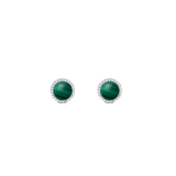 Round silver stud earrings with green malachite stone and a delicate halo of white cubic zirconia crystals, designed in a minimalist and elegant style.