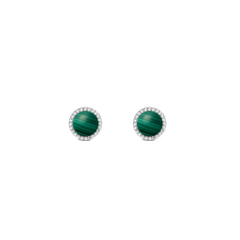Round silver stud earrings with green malachite stone and a delicate halo of white cubic zirconia crystals, designed in a minimalist and elegant style.