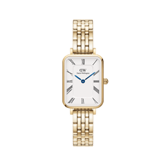 Elegant women's watch with a rectangular, gold-coloured case, white dial with Roman numerals, blue hands, and a five-link stainless steel bracelet.