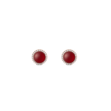 Round rose gold stud earrings with a central red agate stone, surrounded by a delicate halo of white cubic zirconia crystals.
