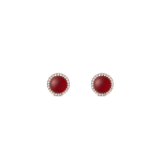 Round rose gold stud earrings with a central red agate stone, surrounded by a delicate halo of white cubic zirconia crystals.