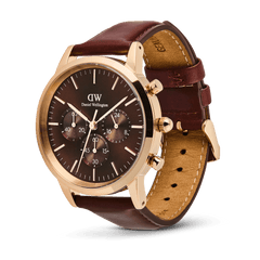 Vista lateral del reloj Iconic Chronograph St Mawes Amber RG mostrando la correa de piel napa marrón con sistema de cambio rápido y hebilla de oro rosa.