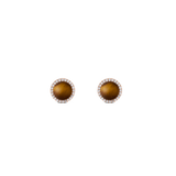 Round women's earrings in rose gold with tiger's eye gemstone and a sparkling zirconia border, elegant and timeless in design.